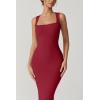 imageQINSEN Womens Square Neck with Lace Detail Long Maxi Dress Sleeveless Lounge Ribbed Full Length DressesWine