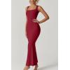 imageQINSEN Womens Square Neck with Lace Detail Long Maxi Dress Sleeveless Lounge Ribbed Full Length DressesWine