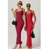 imageQINSEN Womens Square Neck with Lace Detail Long Maxi Dress Sleeveless Lounge Ribbed Full Length DressesWine