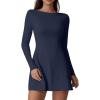 imageQINSEN Womens Open Back Tennis Dress Long Sleeve Built in Shorts Golf Athletic Dress with PocketsEstate Blue