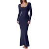 imageQINSEN Womens Ribbed Knit Long Sleeve Scoop Neck Maxi Dress with Lace Details Bodycon DressNavy