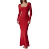 imageQINSEN Womens Ribbed Knit Long Sleeve Scoop Neck Maxi Dress with Lace Details Bodycon DressRed