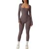 imageQINSEN Womens Sexy Square Neck Long Sleeve Full Length Leggings Bodycon Stretch JumpsuitDark Grey