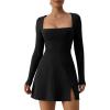 imageQINSEN Womens Square Neck Bodice Dress Long Sleeve Side Slit Flare Mini DressesBlack