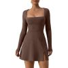 imageQINSEN Womens Square Neck Bodice Dress Long Sleeve Side Slit Flare Mini DressesChestnut