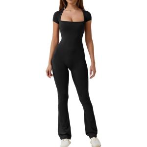 imageQINSEN Flare Jumpsuits for Women Short Sleeve Square Neck Bodycon Full Length Playsuit
