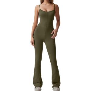 imageQINSEN Flare Jumpsuits for Women Spaghetti Straps Scoop Neck Bodycon Full Length Casual Unitard PlaysuitArmy Green