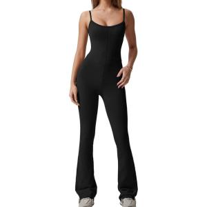 imageQINSEN Flare Jumpsuits for Women Spaghetti Straps Scoop Neck Bodycon Full Length Casual Unitard PlaysuitBlack
