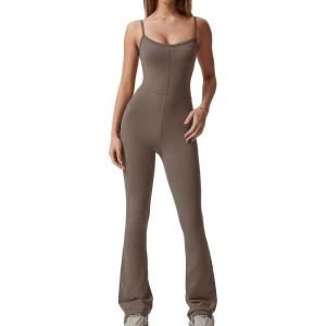 imageQINSEN Flare Jumpsuits for Women Spaghetti Straps Scoop Neck Bodycon Full Length Casual Unitard PlaysuitBrindle
