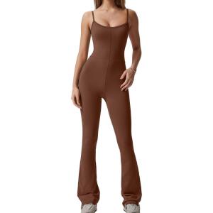 imageQINSEN Flare Jumpsuits for Women Spaghetti Straps Scoop Neck Bodycon Full Length Casual Unitard PlaysuitBrown