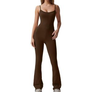 imageQINSEN Flare Jumpsuits for Women Spaghetti Straps Scoop Neck Bodycon Full Length Casual Unitard PlaysuitChocolate Brown