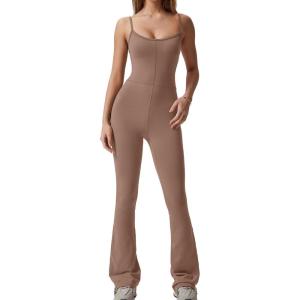 imageQINSEN Flare Jumpsuits for Women Spaghetti Straps Scoop Neck Bodycon Full Length Casual Unitard PlaysuitCococa Cream