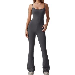 imageQINSEN Flare Jumpsuits for Women Spaghetti Straps Scoop Neck Bodycon Full Length Casual Unitard PlaysuitDark Grey
