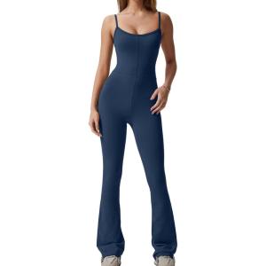 imageQINSEN Flare Jumpsuits for Women Spaghetti Straps Scoop Neck Bodycon Full Length Casual Unitard PlaysuitNavy Blue