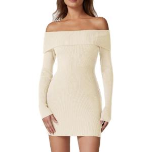 imageQINSEN Womens Off The Shoulder Ribbed Knit Sweater Dress Folded Neck Long Sleeve Mini Dress 2024 Trendy Fall OutfitsBeige