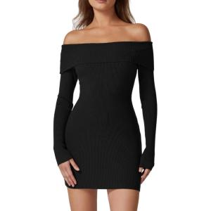 imageQINSEN Womens Off The Shoulder Ribbed Knit Sweater Dress Folded Neck Long Sleeve Mini Dress 2024 Trendy Fall OutfitsBlack