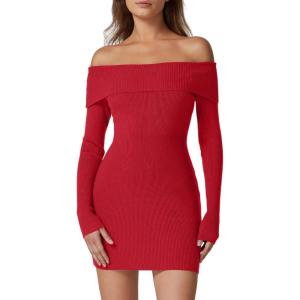 imageQINSEN Womens Off The Shoulder Ribbed Knit Sweater Dress Folded Neck Long Sleeve Mini Dress 2024 Trendy Fall OutfitsRed