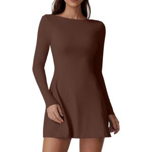 imageQINSEN Womens Open Back Tennis Dress Long Sleeve Built in Shorts Golf Athletic Dress with PocketsChestnut