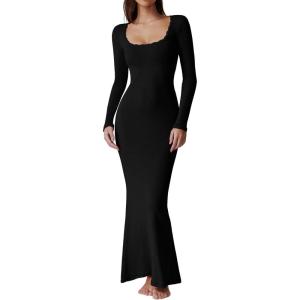 imageQINSEN Womens Ribbed Knit Long Sleeve Scoop Neck Maxi Dress with Lace Details Bodycon DressBlack