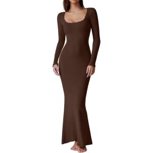 imageQINSEN Womens Ribbed Knit Long Sleeve Scoop Neck Maxi Dress with Lace Details Bodycon DressChestnut