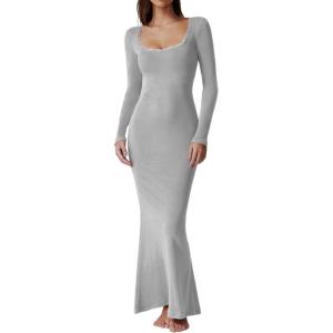 imageQINSEN Womens Ribbed Knit Long Sleeve Scoop Neck Maxi Dress with Lace Details Bodycon DressDark Grey
