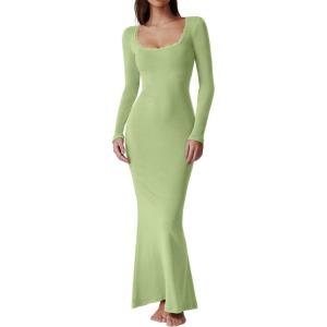 imageQINSEN Womens Ribbed Knit Long Sleeve Scoop Neck Maxi Dress with Lace Details Bodycon DressGreen