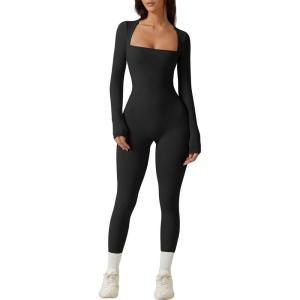 imageQINSEN Womens Sexy Square Neck Long Sleeve Full Length Leggings Bodycon Stretch JumpsuitBlack