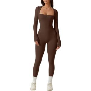 imageQINSEN Womens Sexy Square Neck Long Sleeve Full Length Leggings Bodycon Stretch JumpsuitBrown