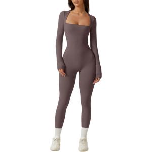 imageQINSEN Womens Sexy Square Neck Long Sleeve Full Length Leggings Bodycon Stretch JumpsuitDark Grey