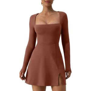 imageQINSEN Womens Square Neck Bodice Dress Long Sleeve Side Slit Flare Mini DressesCarob Brown