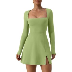 imageQINSEN Womens Square Neck Bodice Dress Long Sleeve Side Slit Flare Mini DressesLight Green