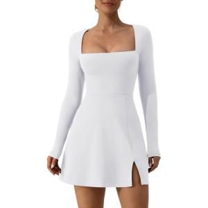 imageQINSEN Womens Square Neck Bodice Dress Long Sleeve Side Slit Flare Mini DressesWhite