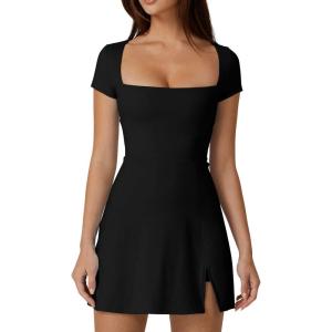 imageQINSEN Womens Square Neck Tennis Dress Short Sleeve Built in Shorts Golf Athletic Dress with PocketsBlack