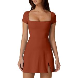 imageQINSEN Womens Square Neck Tennis Dress Short Sleeve Built in Shorts Golf Athletic Dress with PocketsBrick Red