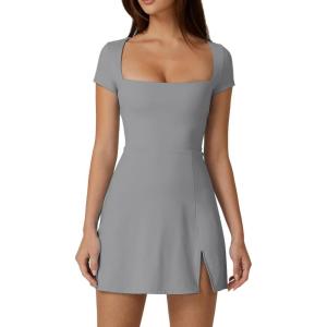 imageQINSEN Womens Square Neck Tennis Dress Short Sleeve Built in Shorts Golf Athletic Dress with PocketsBrownlight Grey