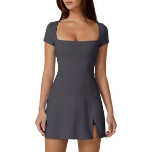imageQINSEN Womens Square Neck Tennis Dress Short Sleeve Built in Shorts Golf Athletic Dress with PocketsDeep Grey