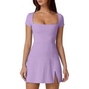 imageQINSEN Womens Square Neck Tennis Dress Short Sleeve Built in Shorts Golf Athletic Dress with PocketsLight Purple