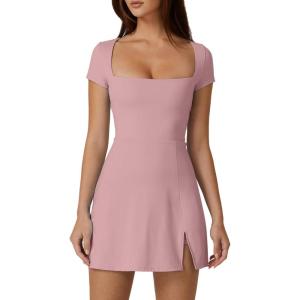 imageQINSEN Womens Square Neck Tennis Dress Short Sleeve Built in Shorts Golf Athletic Dress with PocketsPink