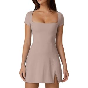 imageQINSEN Womens Square Neck Tennis Dress Short Sleeve Built in Shorts Golf Athletic Dress with PocketsRose Taupe