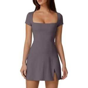 imageQINSEN Womens Square Neck Tennis Dress Short Sleeve Built in Shorts Golf Athletic Dress with PocketsTea Leaf