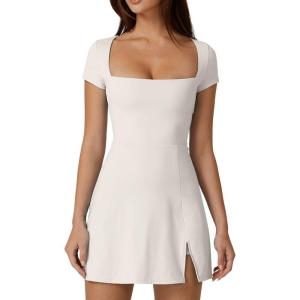 imageQINSEN Womens Square Neck Tennis Dress Short Sleeve Built in Shorts Golf Athletic Dress with PocketsWhite