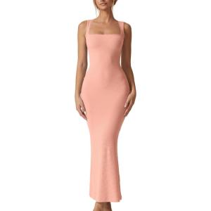 imageQINSEN Womens Square Neck with Lace Detail Long Maxi Dress Sleeveless Lounge Ribbed Full Length DressesAmber Yellow