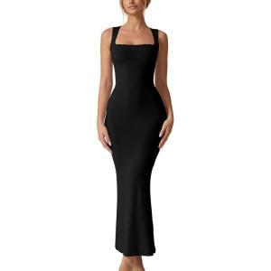 imageQINSEN Womens Square Neck with Lace Detail Long Maxi Dress Sleeveless Lounge Ribbed Full Length DressesBlack