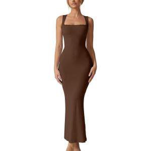 imageQINSEN Womens Square Neck with Lace Detail Long Maxi Dress Sleeveless Lounge Ribbed Full Length DressesBrown