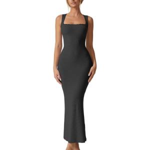 imageQINSEN Womens Square Neck with Lace Detail Long Maxi Dress Sleeveless Lounge Ribbed Full Length DressesDark Grey