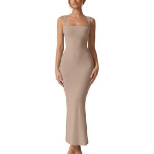 imageQINSEN Womens Square Neck with Lace Detail Long Maxi Dress Sleeveless Lounge Ribbed Full Length DressesKhaki