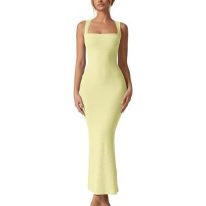 imageQINSEN Womens Square Neck with Lace Detail Long Maxi Dress Sleeveless Lounge Ribbed Full Length DressesLemon Yellow