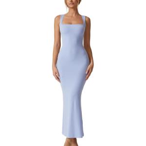 imageQINSEN Womens Square Neck with Lace Detail Long Maxi Dress Sleeveless Lounge Ribbed Full Length DressesLight Blue