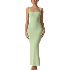 imageQINSEN Womens Square Neck with Lace Detail Long Maxi Dress Sleeveless Lounge Ribbed Full Length DressesLight Green