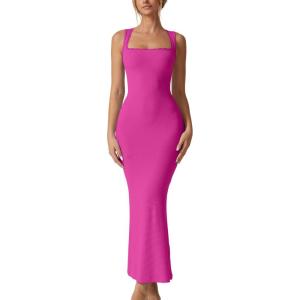 imageQINSEN Womens Square Neck with Lace Detail Long Maxi Dress Sleeveless Lounge Ribbed Full Length DressesMagenta